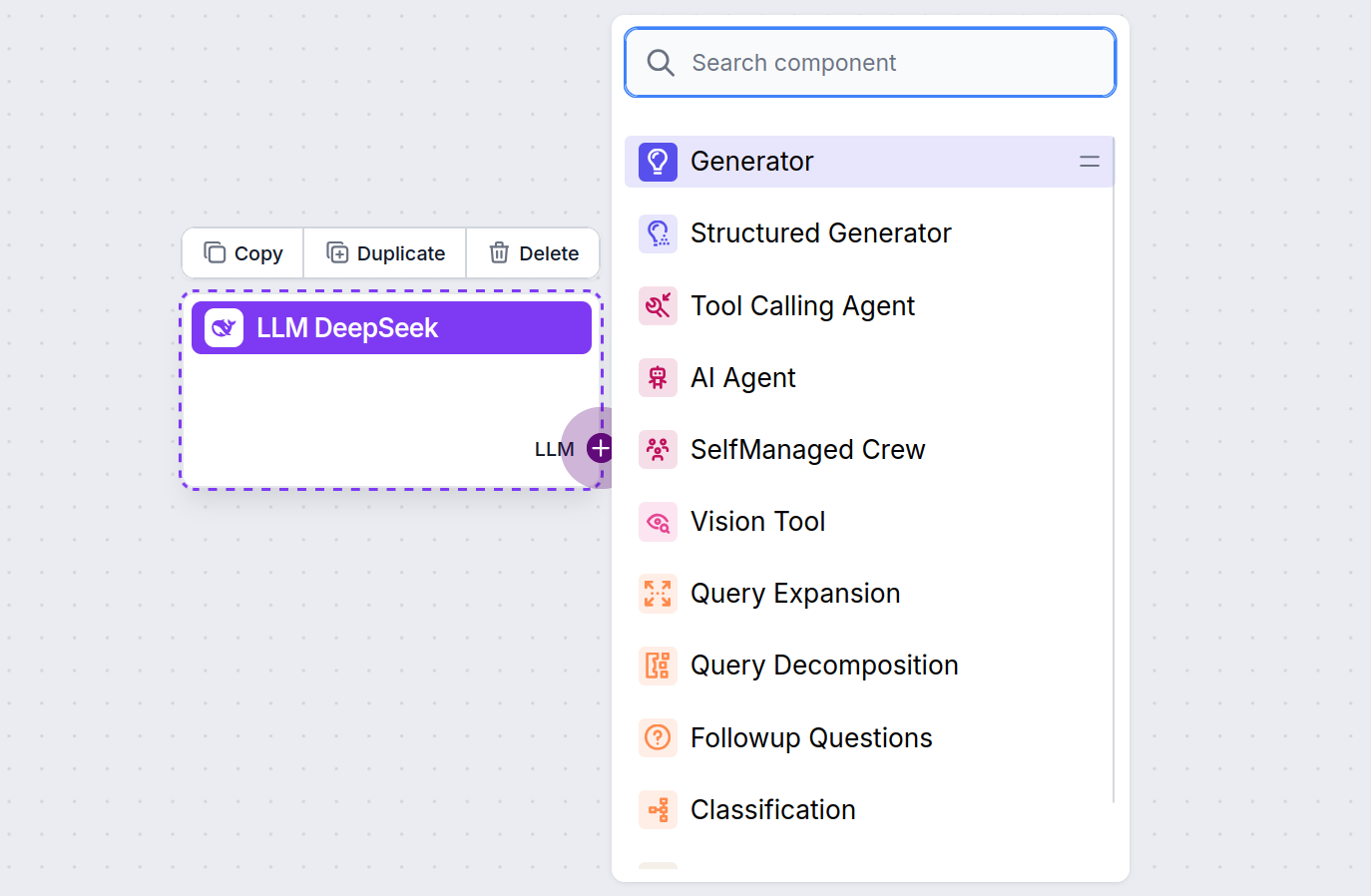 The LLM DeepSeek component handle and connection options
