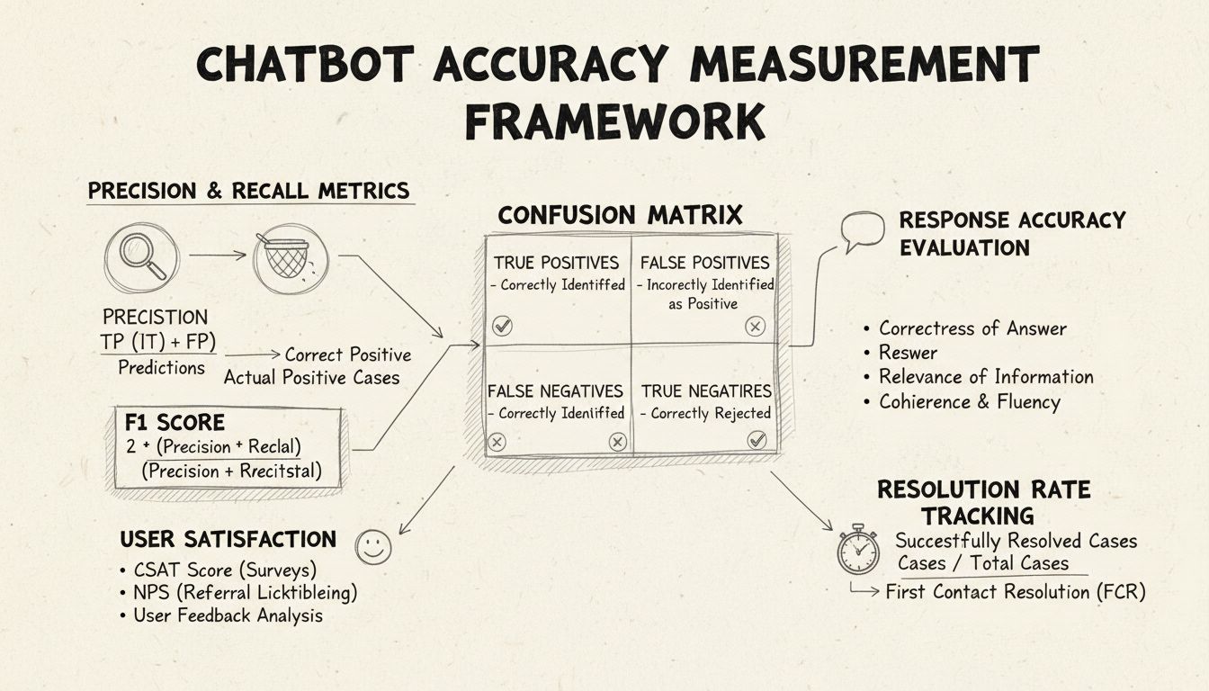 AI Helpdesk Chatbot Accuracy Measurement Framework showing Precision, Recall, Confusion Matrix, and User Satisfaction metrics