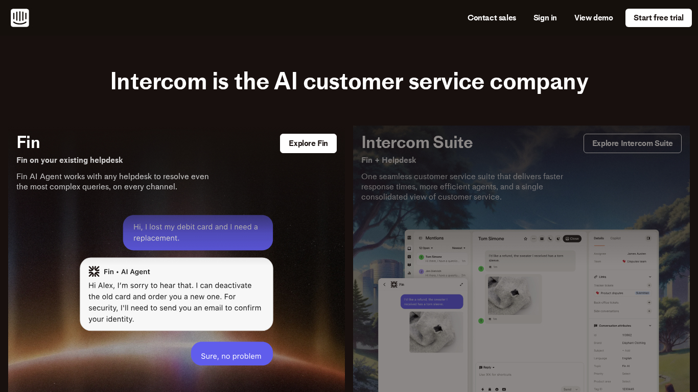 Intercom customer communication platform showing Fin AI Agent and multi-channel support