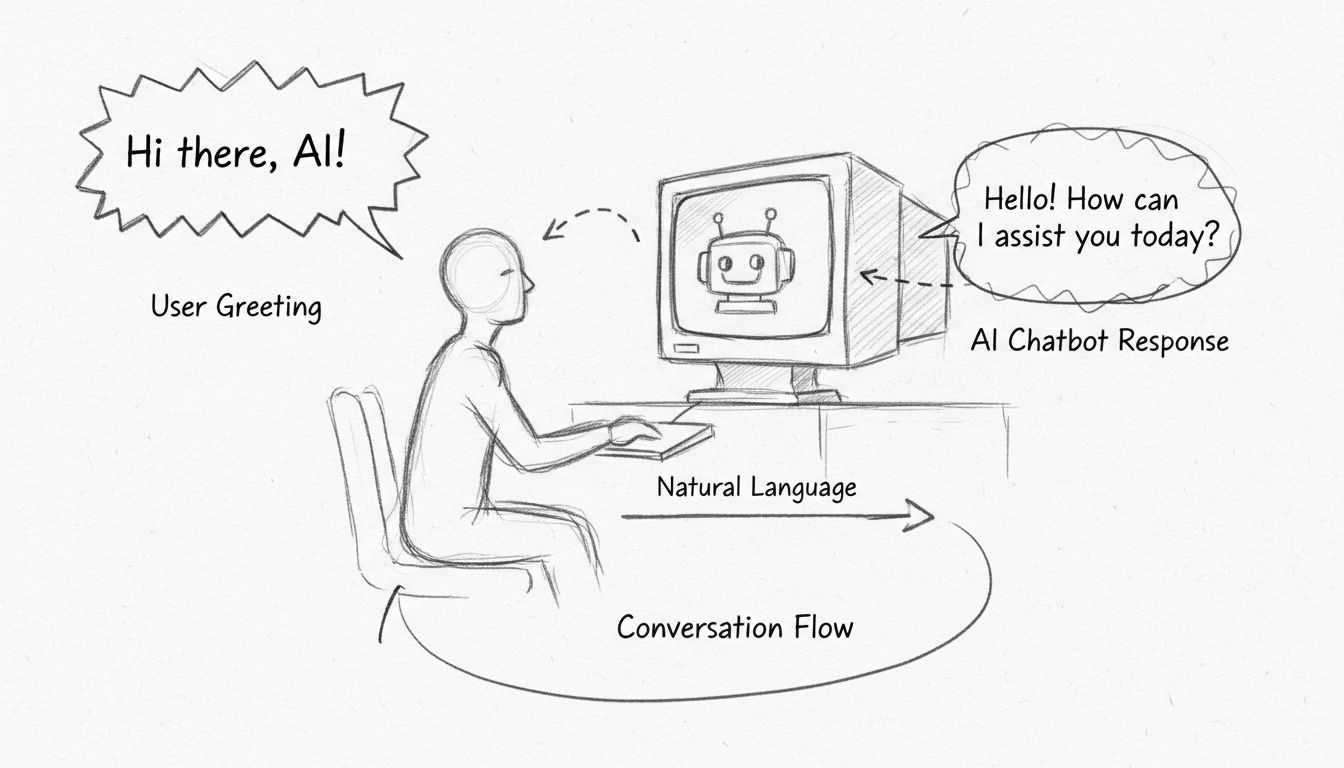 Hand-drawn diagram showing user greeting AI chatbot with natural language conversation flow