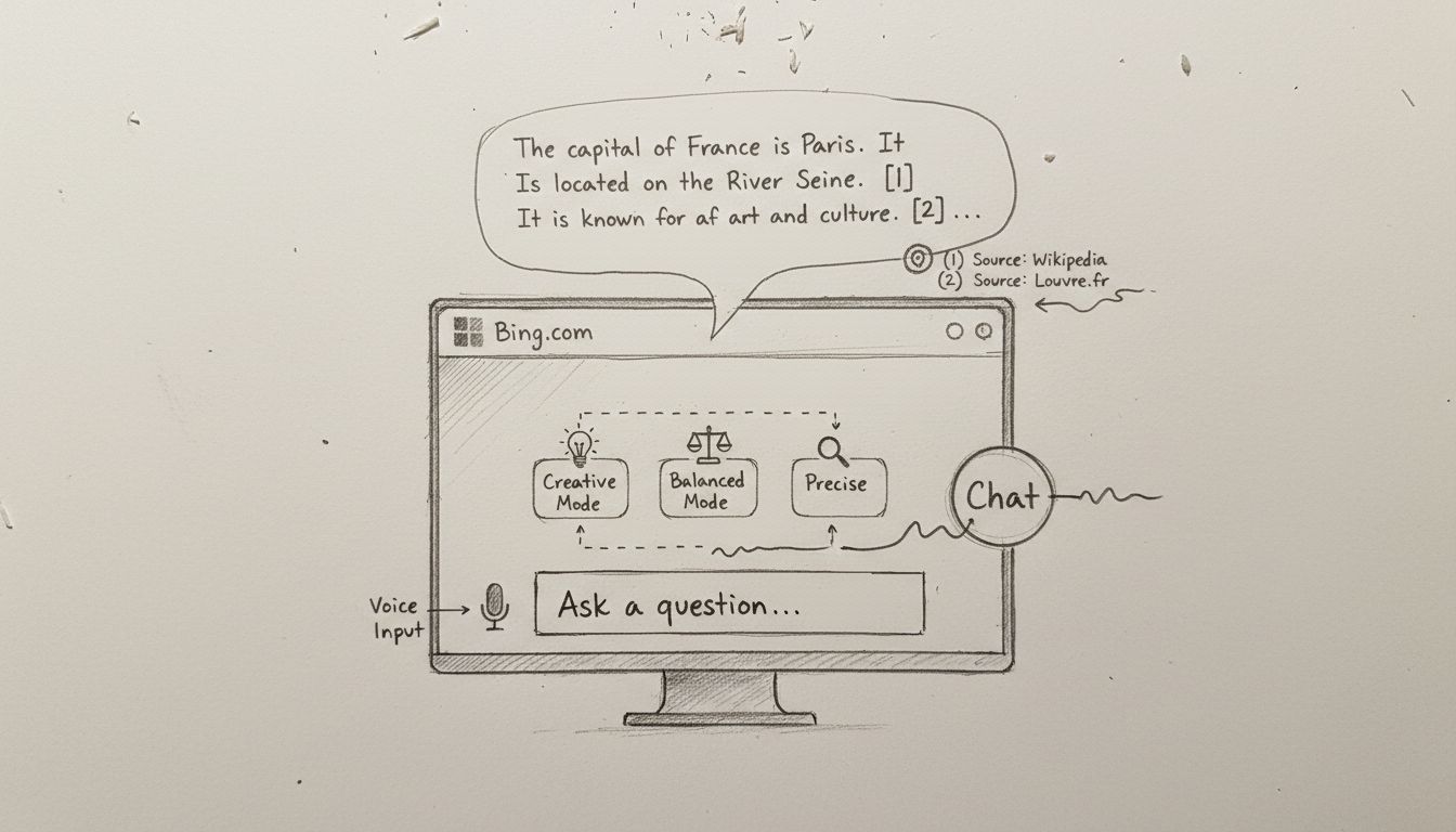 How to use Bing AI Chatbot - Hand-drawn diagram showing access methods, conversation modes, and features