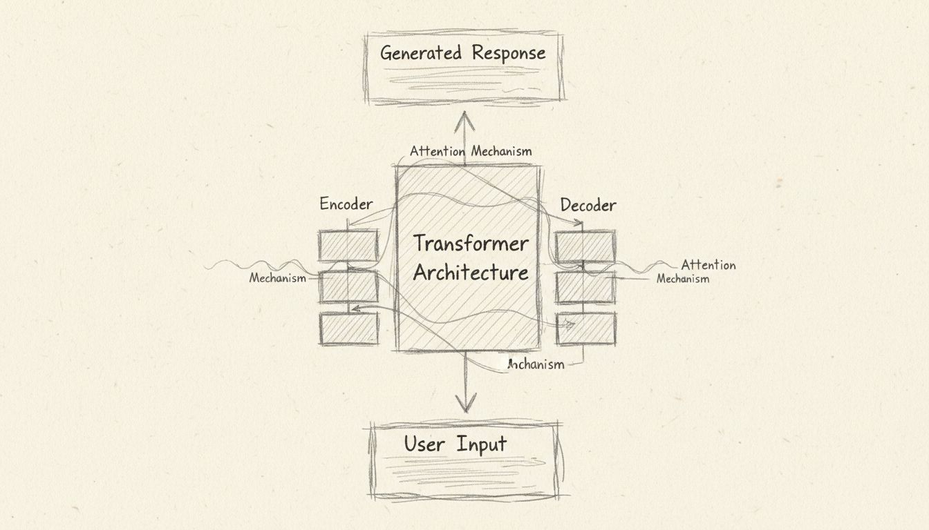 Hand-drawn diagram showing GPT transformer architecture with encoder, decoder, and attention mechanisms
