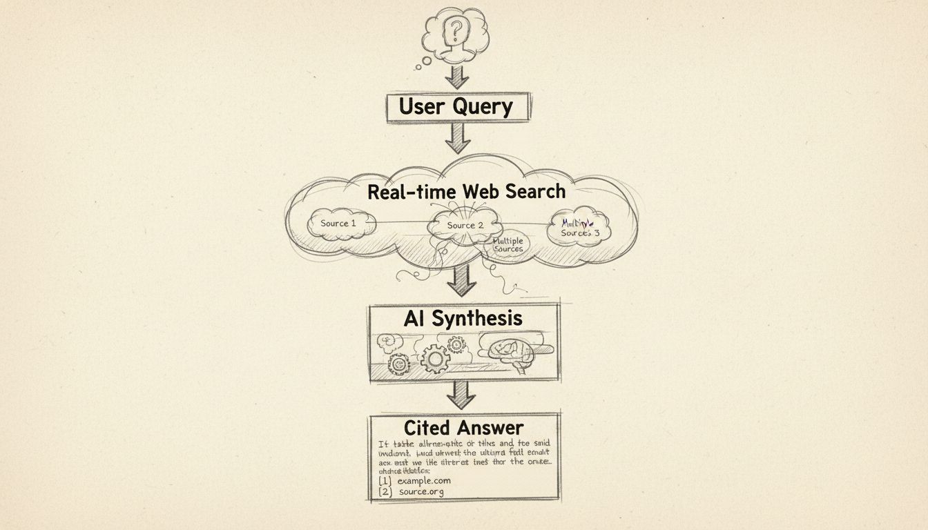 Perplexity AI workflow diagram showing user query, real-time web search, multiple sources, AI synthesis, and cited answers