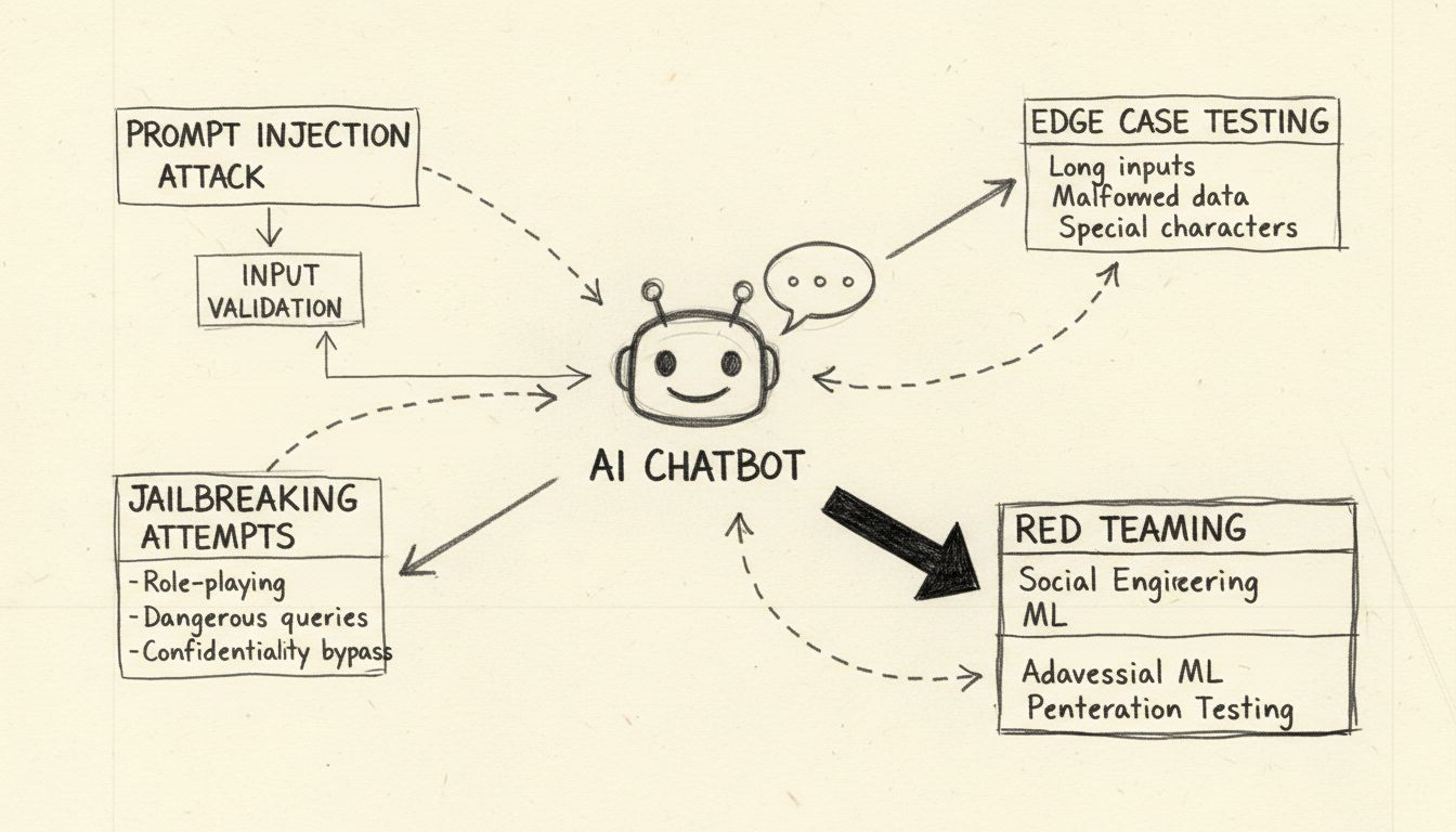 AI chatbot stress testing and vulnerability assessment diagram showing prompt injection, edge case testing, jailbreaking attempts, and red teaming methods