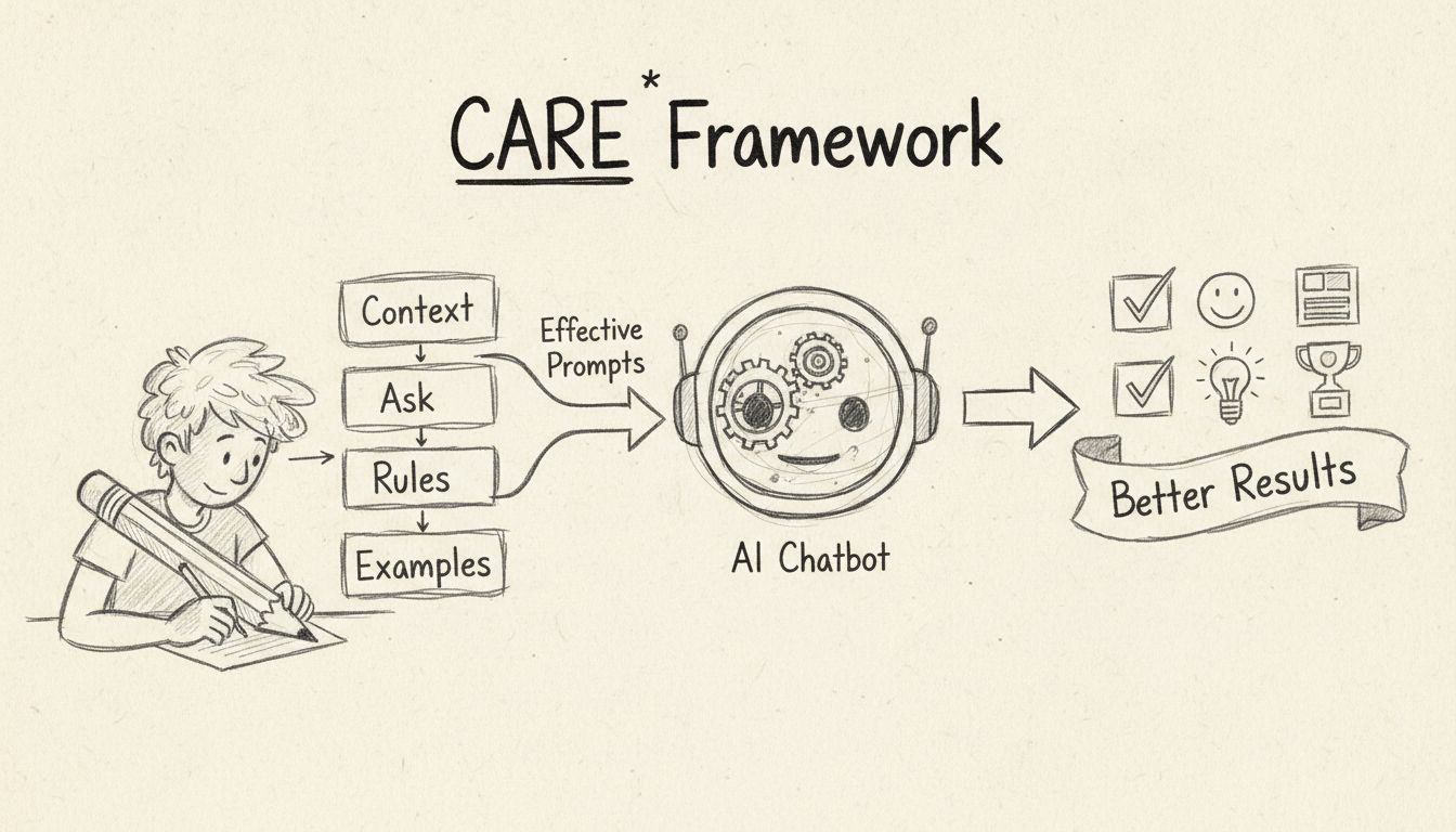 AI chatbot prompt engineering framework diagram showing CARE framework with context, ask, rules, and examples