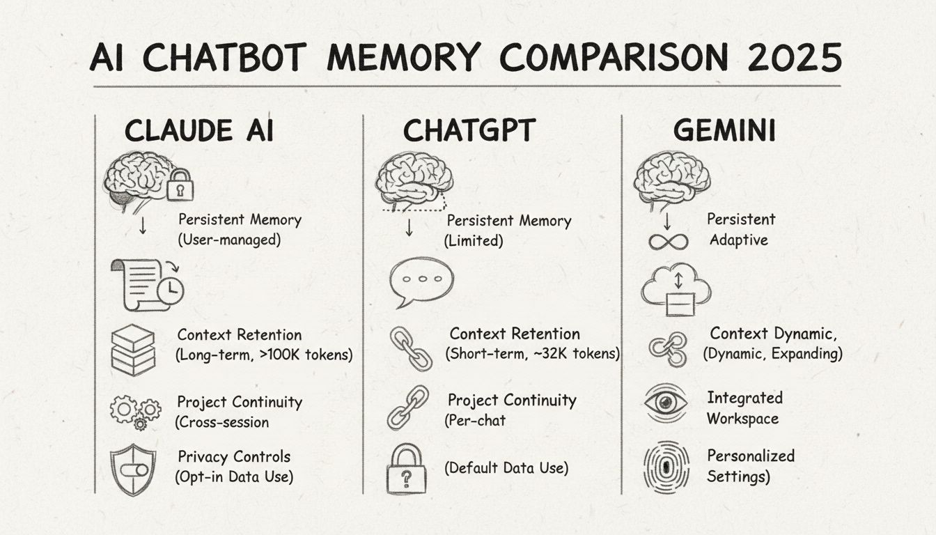 AI Chatbot Memory Comparison 2025 - Claude, ChatGPT, Gemini