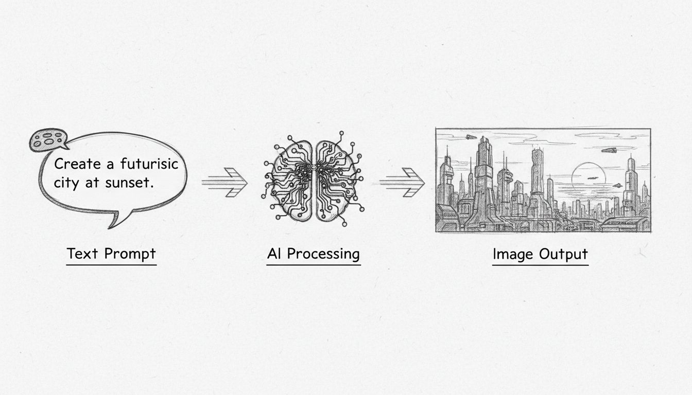 AI image generation workflow diagram showing text prompt to neural processing to image output
