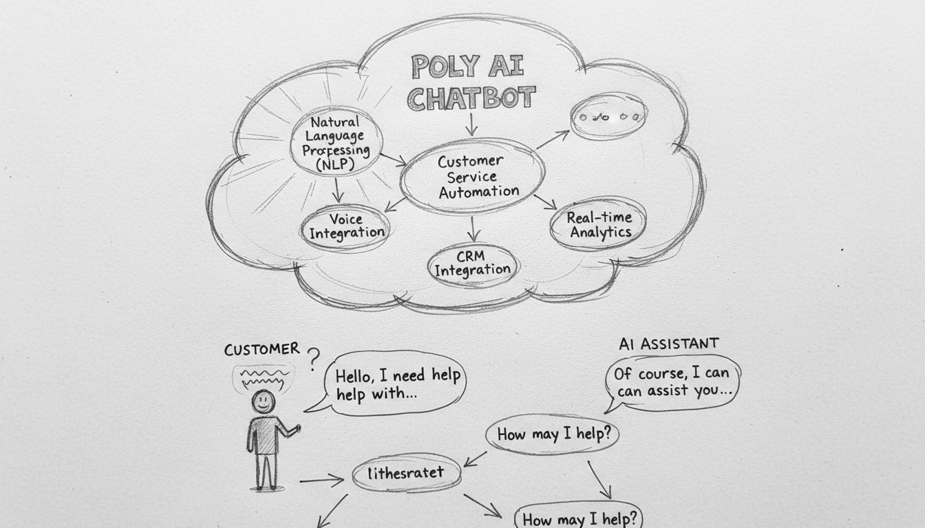 Poly AI chatbot architecture diagram showing NLP, voice integration, text integration, customer service automation, CRM integration, and real-time analytics components
