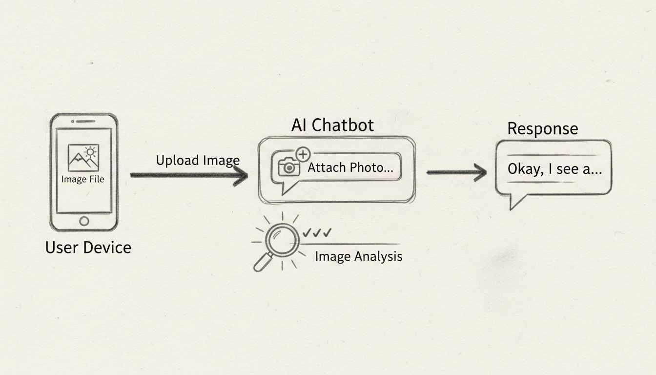 Hand-drawn diagram showing how to send images to AI chatbots with user device, upload process, AI chatbot interface, image analysis, and response
