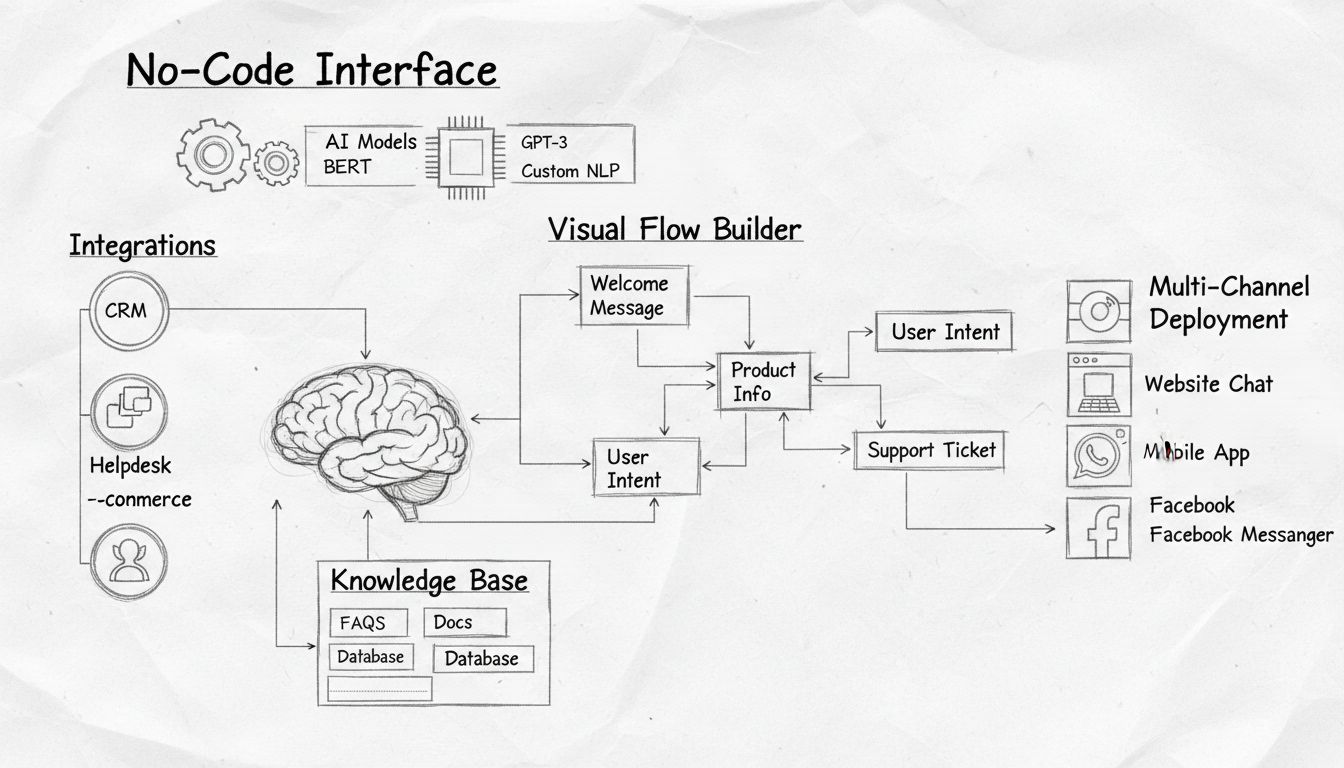 AI Chatbot Builder Interface Diagram showing visual flow builder, AI models, knowledge base, and multi-channel deployment
