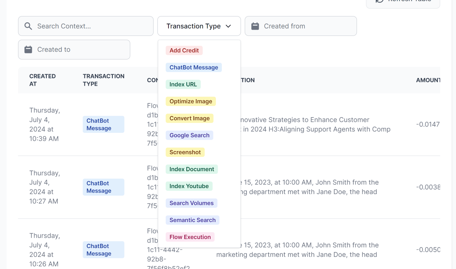 Transaction types in All Expenses in Flowhunt