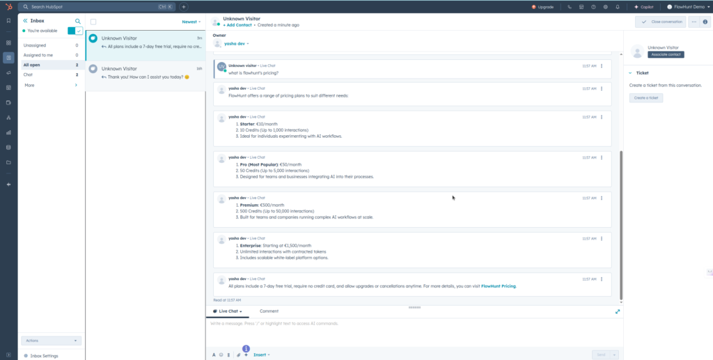 FlowHunt reply in HubSpot Inbox