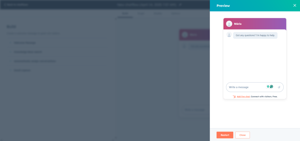 HubSpot live chat preview mode