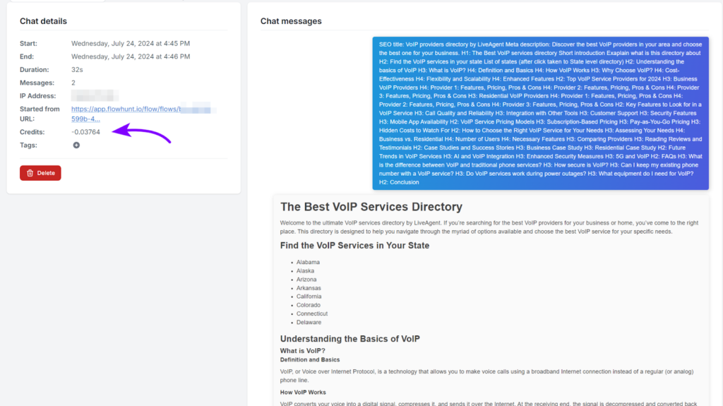 FlowHunt'ta sohbet detayları genel bakış