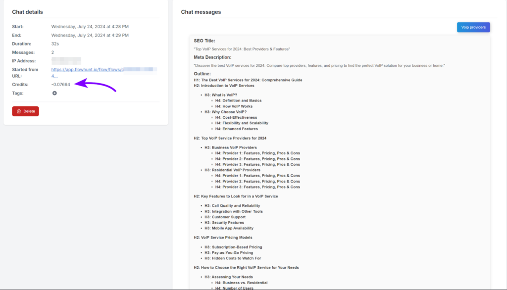 FlowHunt'ta kredileri gösteren sohbet detayları
