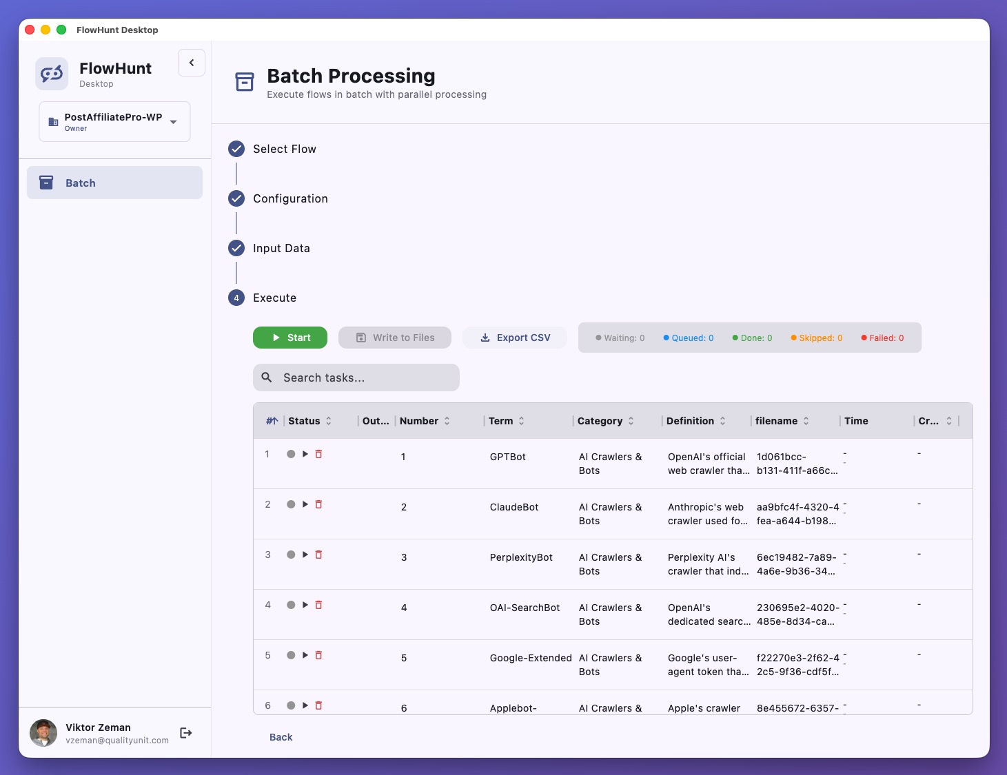 Toplu işlemeyi gösteren FlowHunt Masaüstü uygulama arayüzü
