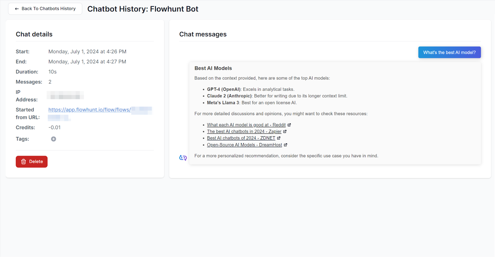 Flowhunt's chatbot history details