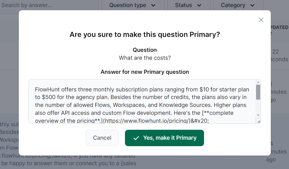 Pop up asking about setting Primary Question in FlowHunt