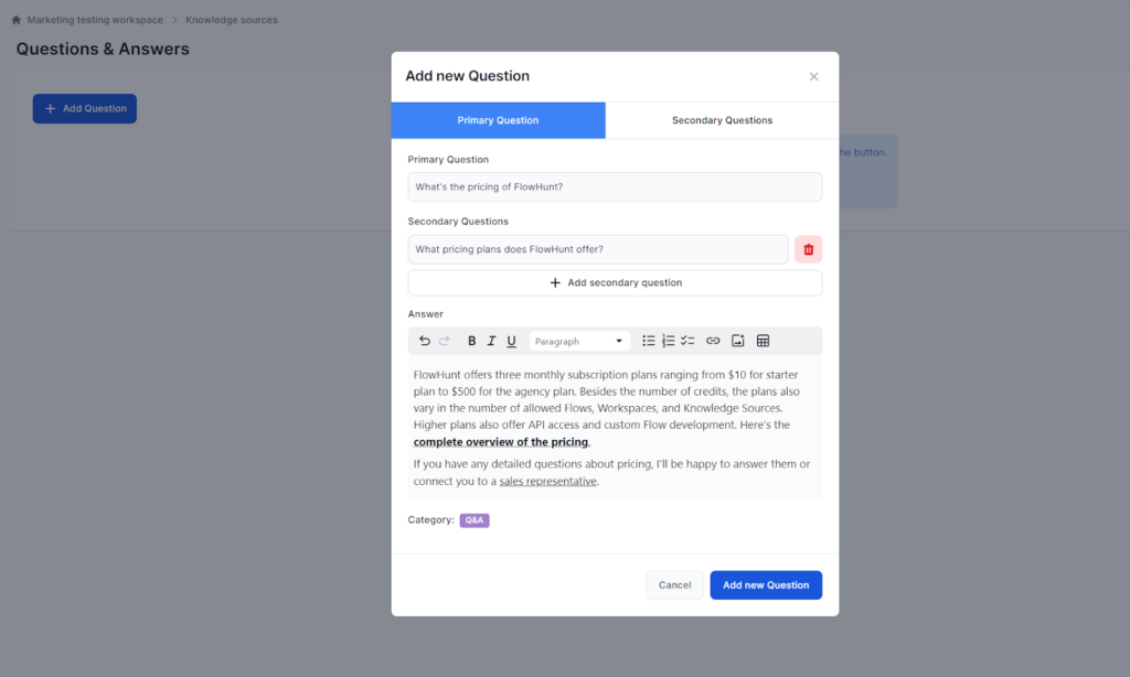 Add new question in Questions & Answers in FlowHunt