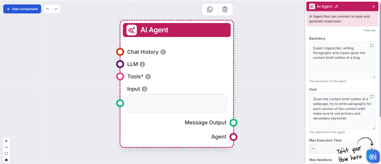 AI agent component settings