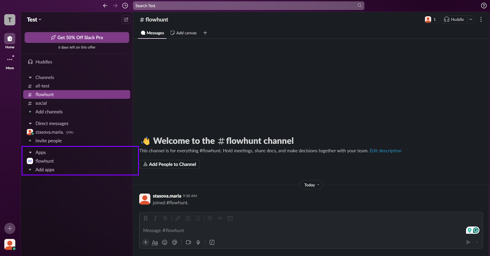 Slack Flowhunt installed