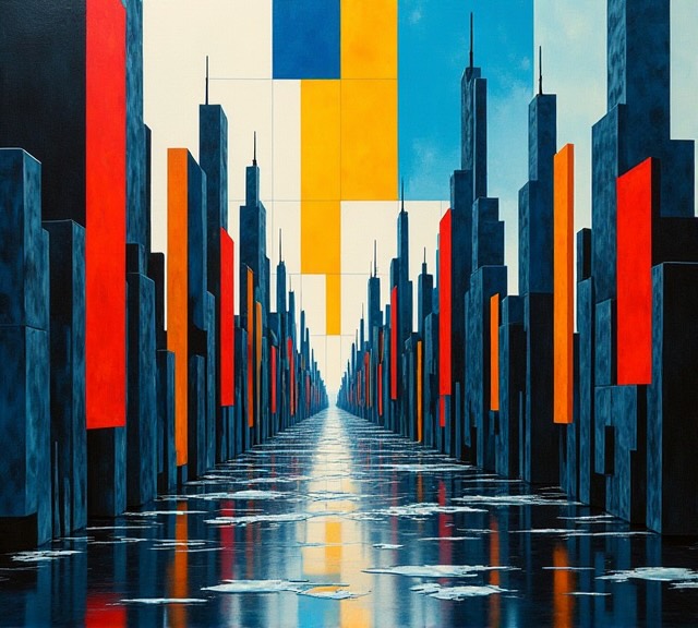 Dalí and Mondrian style melting cityscape