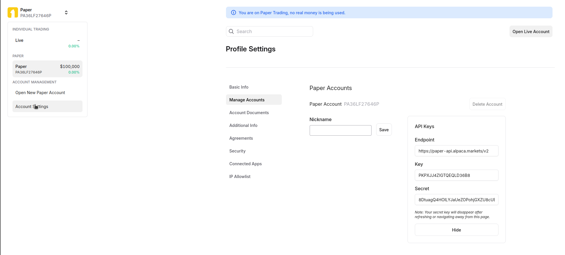 Criação da chave de API da Alpaca Trading