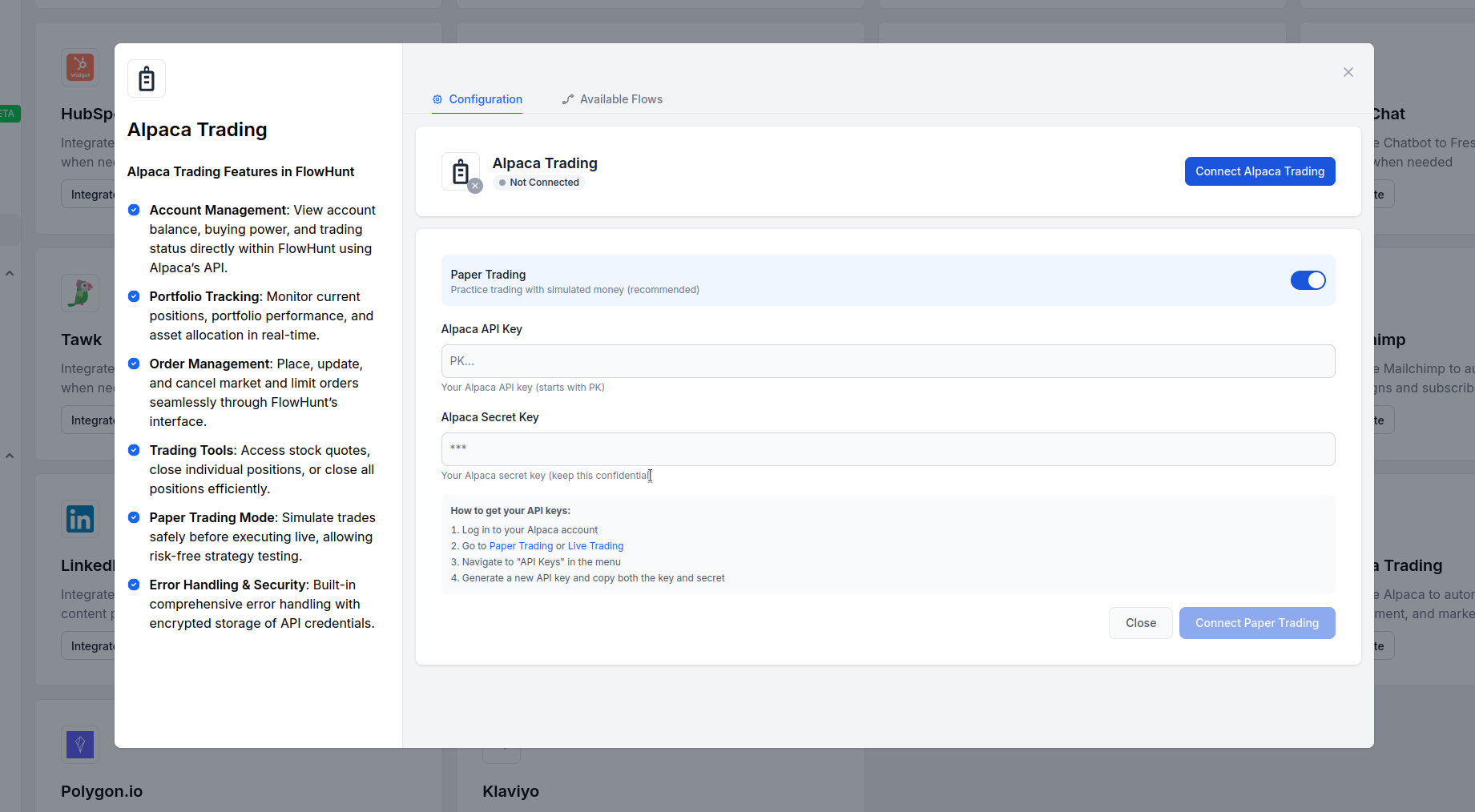 Formulário de configuração da integração com Alpaca Trading
