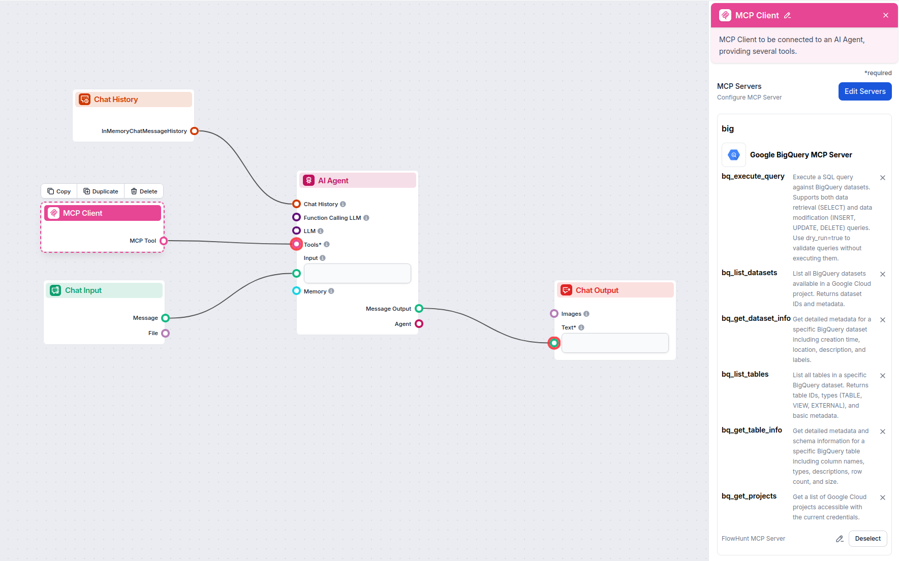 FlowHunt visual flow builder with BigQuery MCP