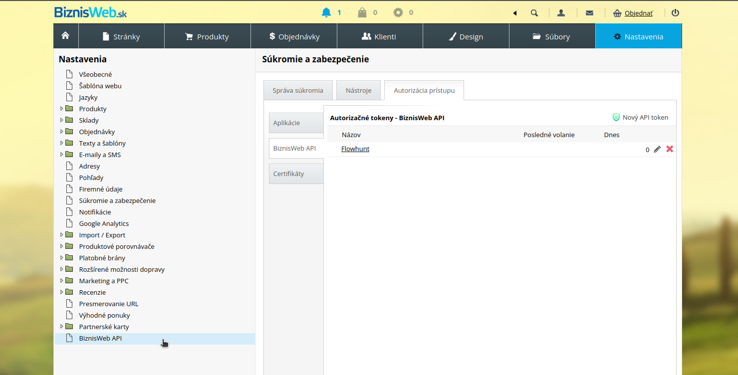 BiznisWeb.sk vytvorenie API kľúča