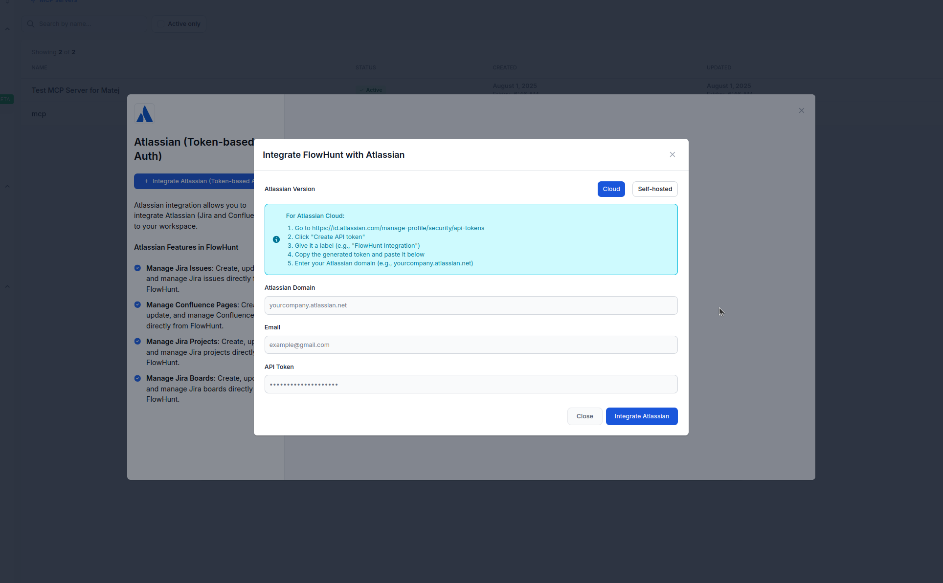 Atlassian Confluence integration configuration form