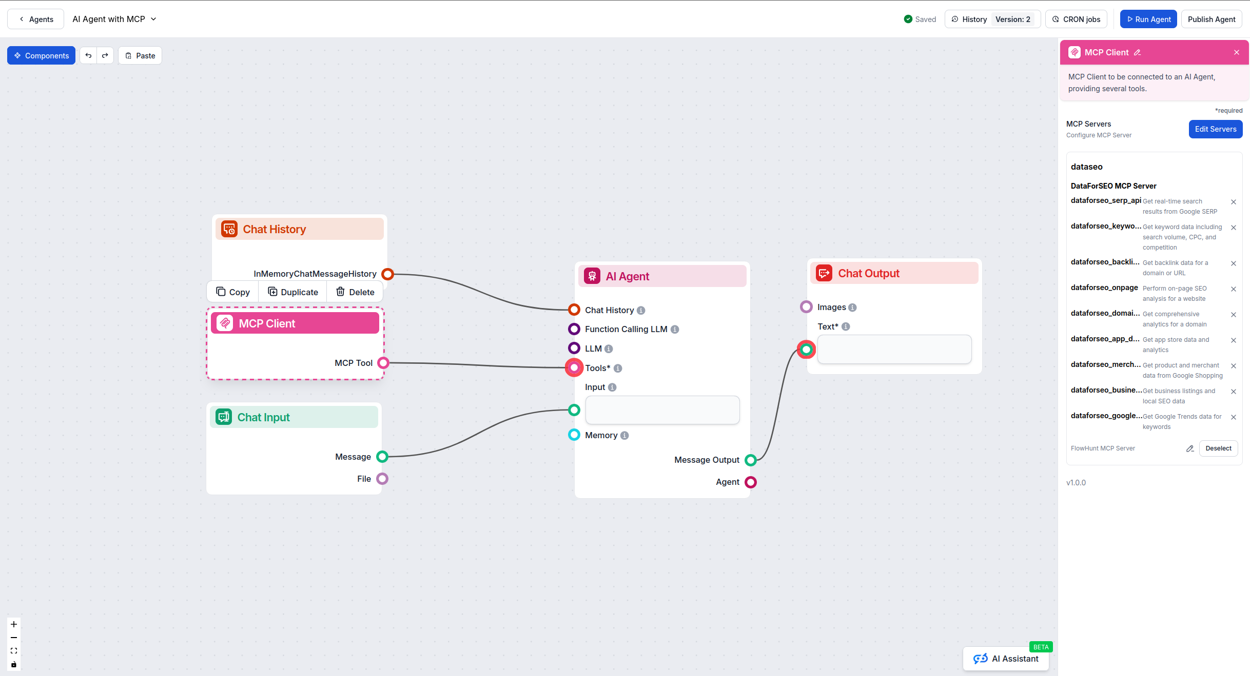 FlowHunt visual flow builder with MCP component