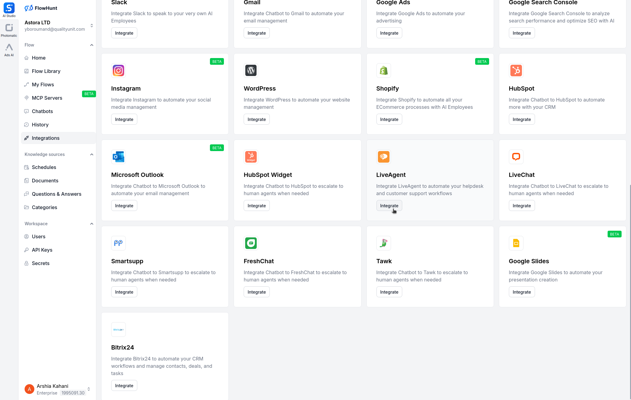 Page des intégrations FlowHunt