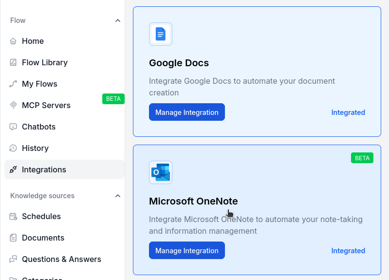 Pagina integrazioni FlowHunt
