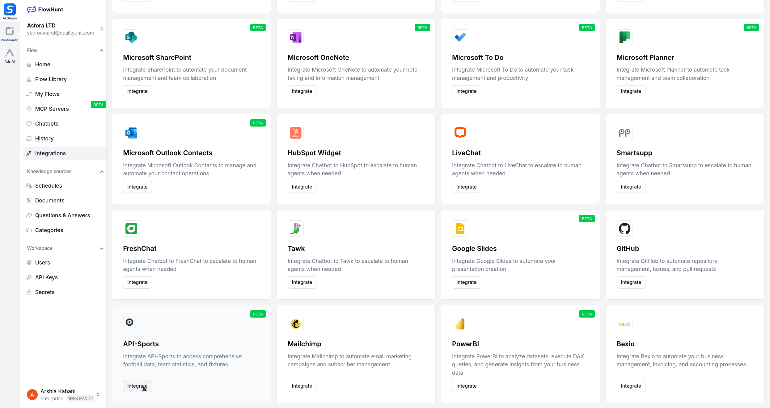 FlowHunt integrations page
