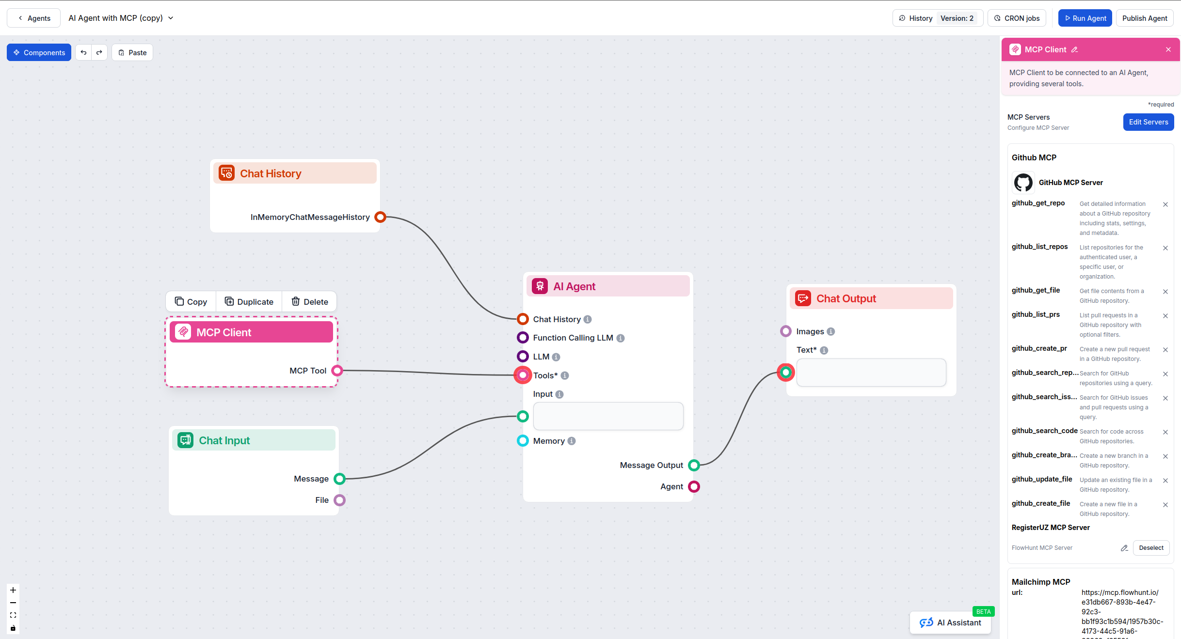 FlowHunt visual flow builder with MCP component