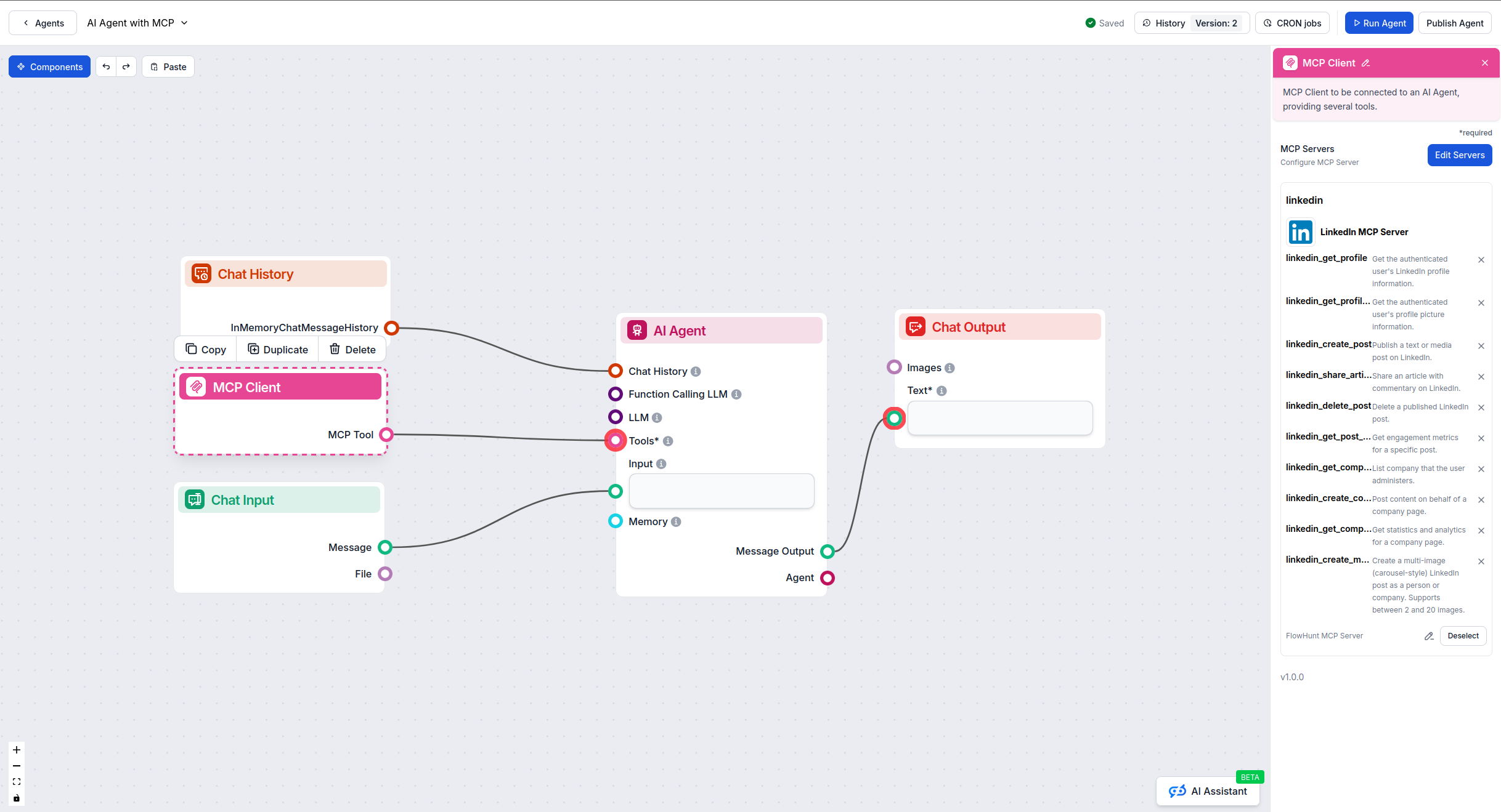 FlowHunt visual flow builder with MCP component