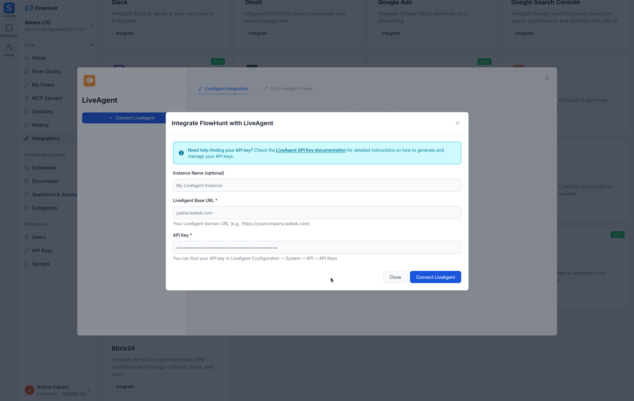 Formulaire de configuration de l'intégration LiveAgent