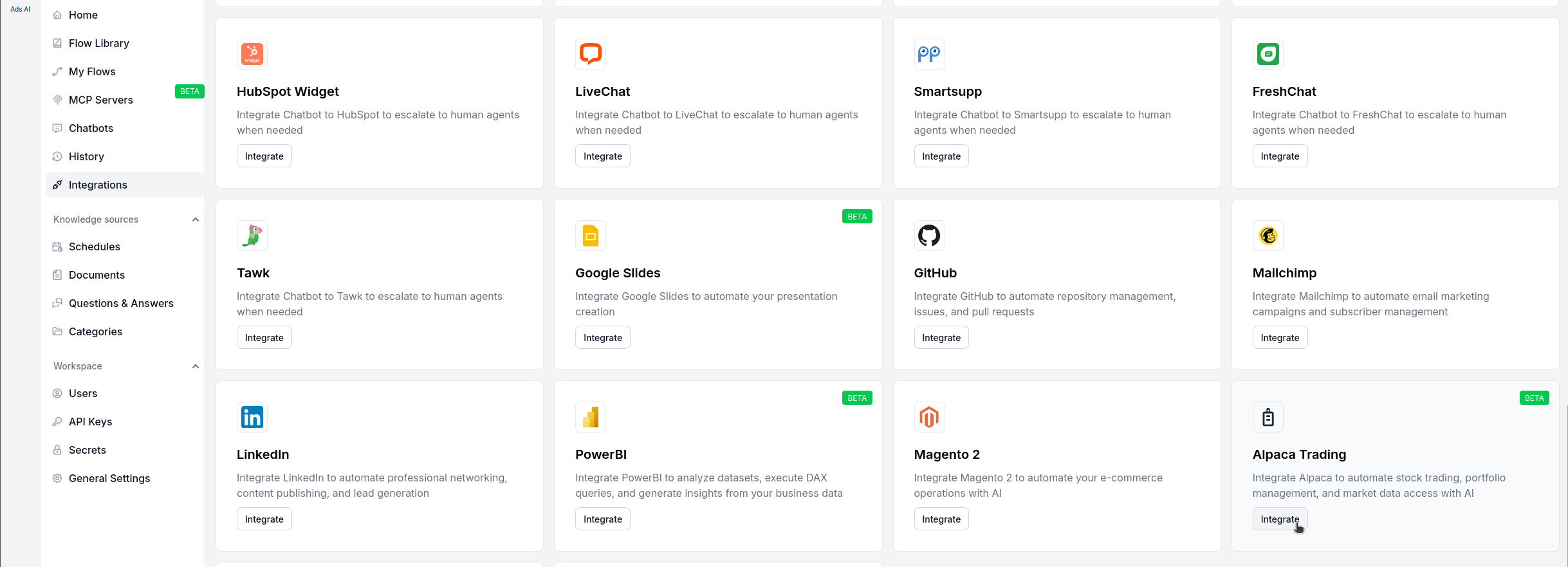 Página de integrações do FlowHunt