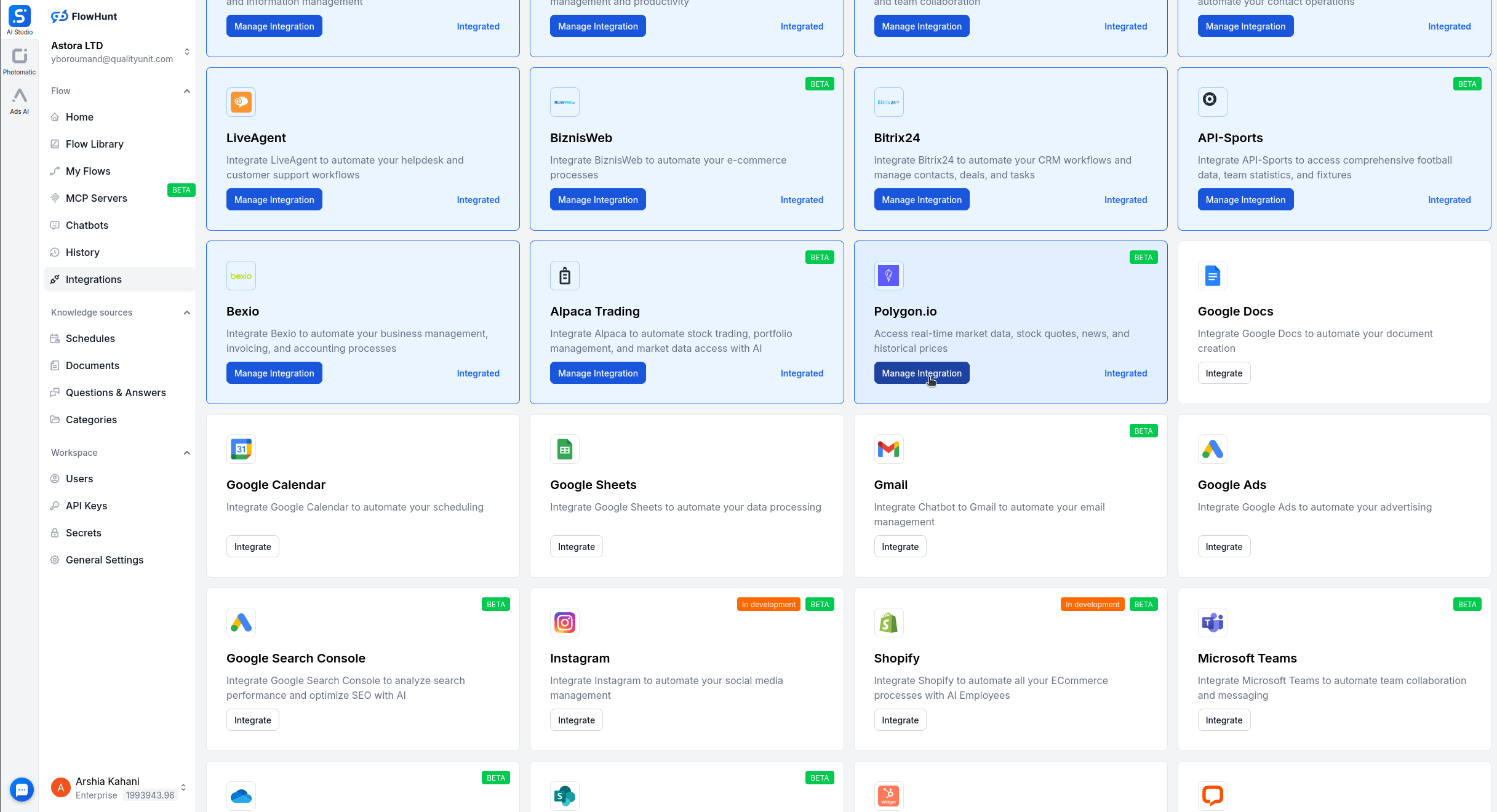Página de integrações do FlowHunt