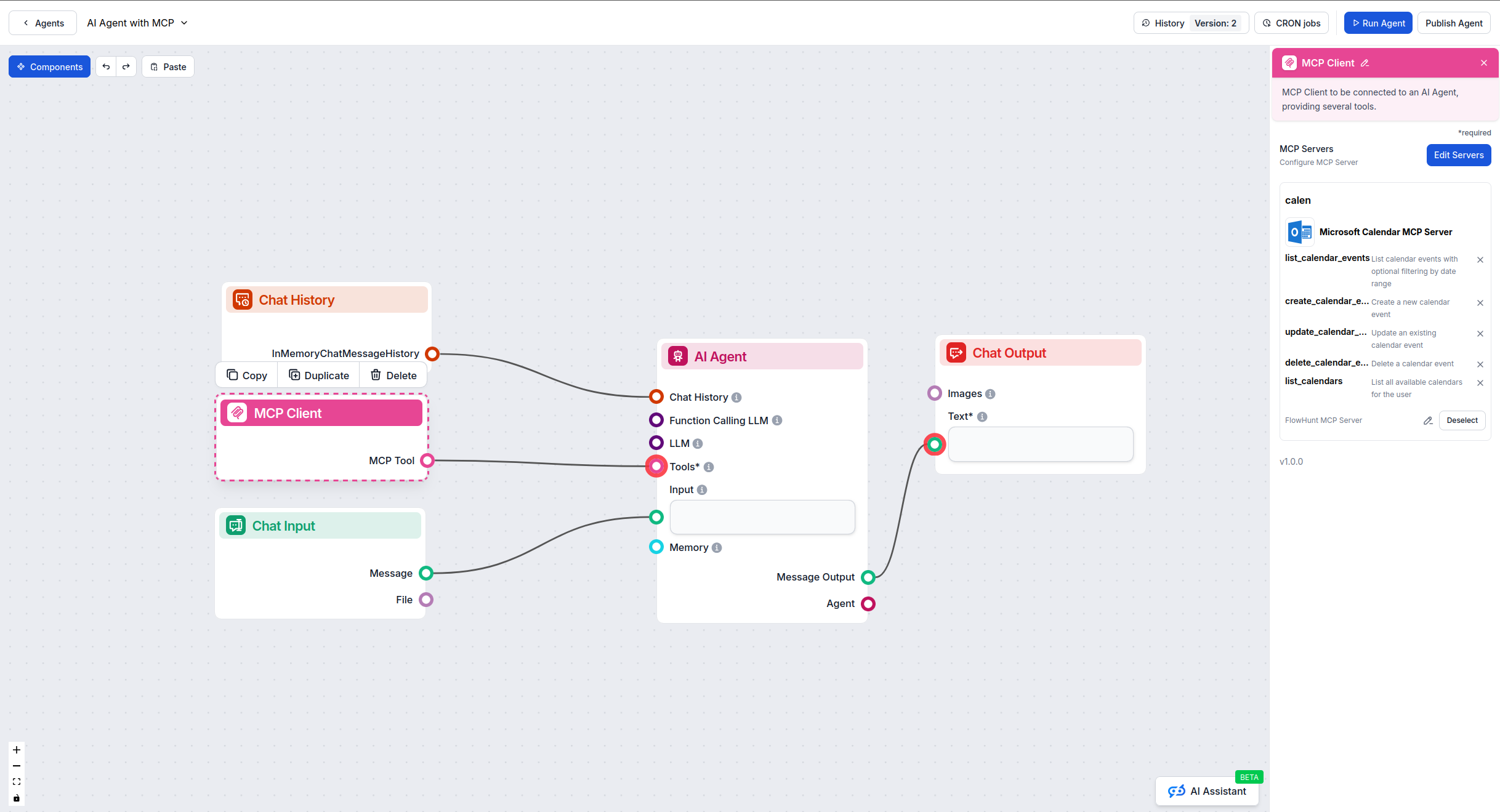 FlowHunt visual flow builder with MCP component