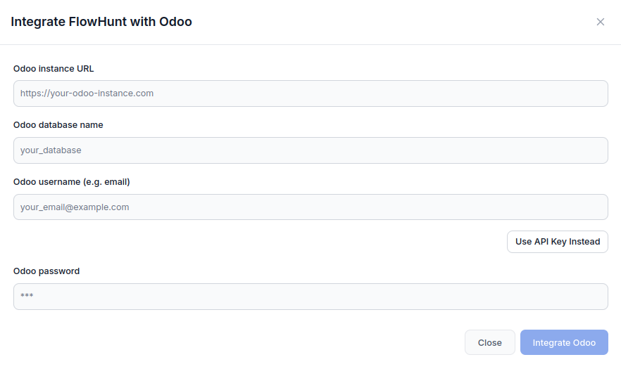 Odoo integration configuration form