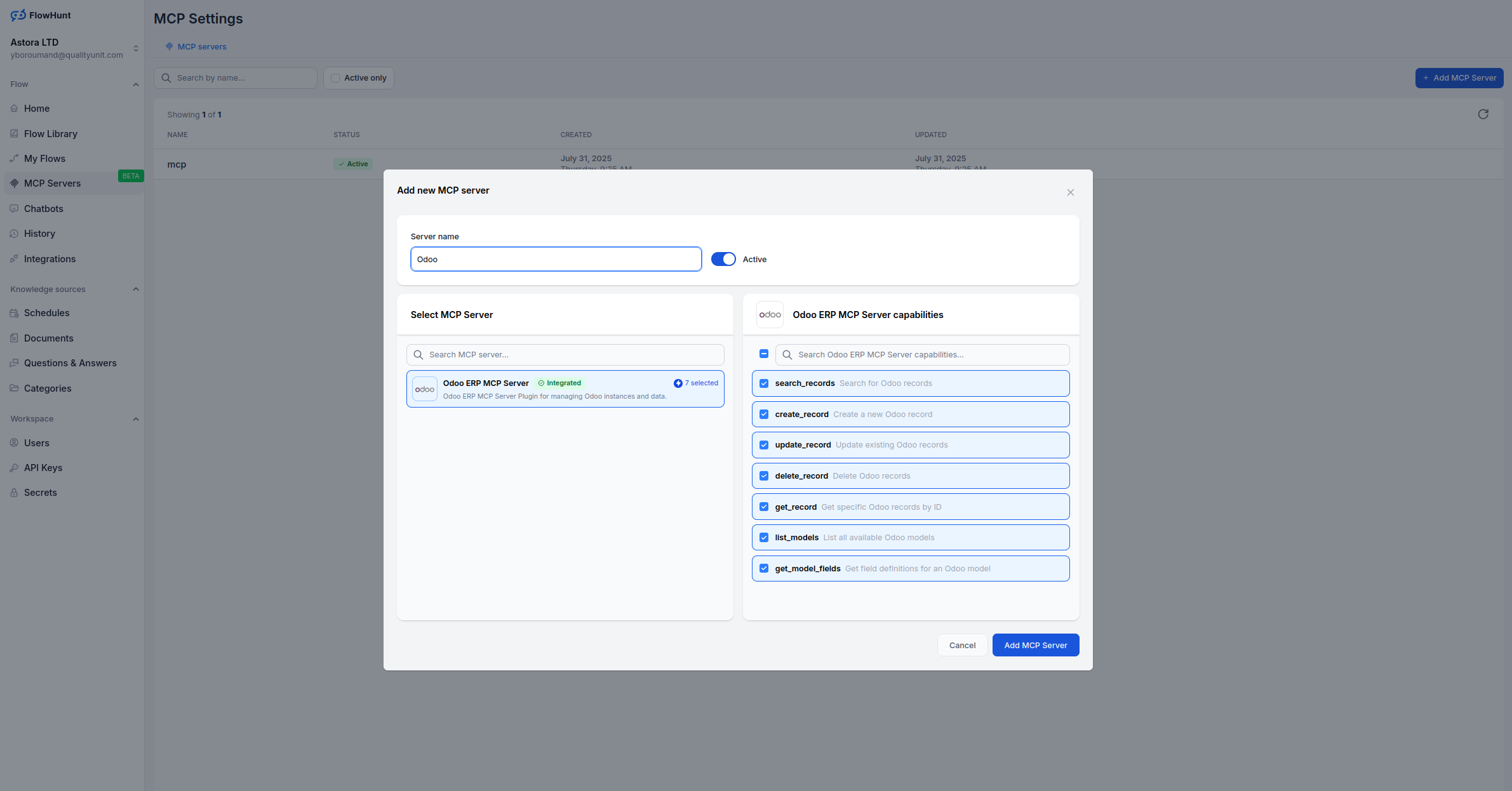 Odoo MCP server tools selection