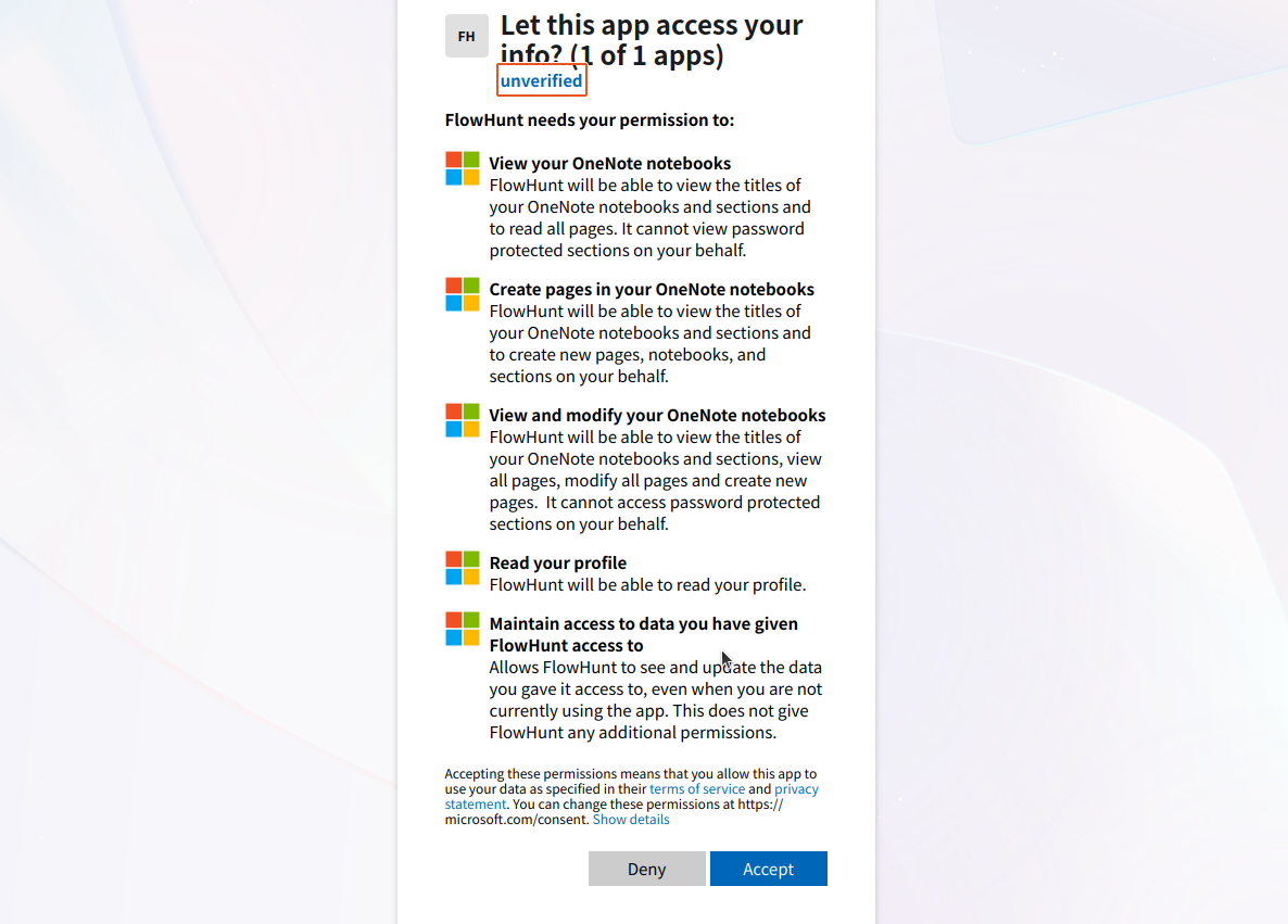 Processo di autenticazione Microsoft OneNote