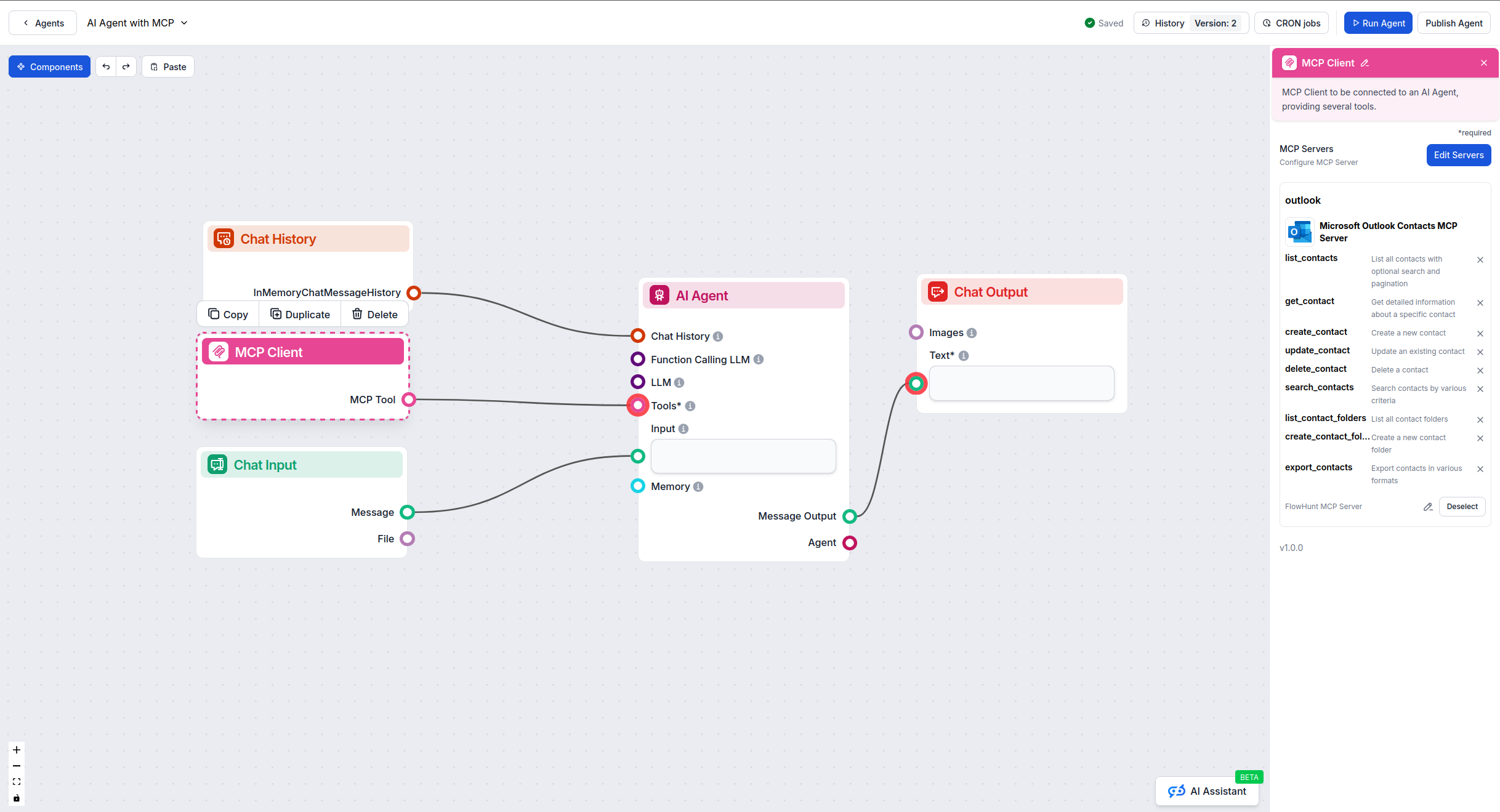 FlowHunt visual flow builder with MCP component
