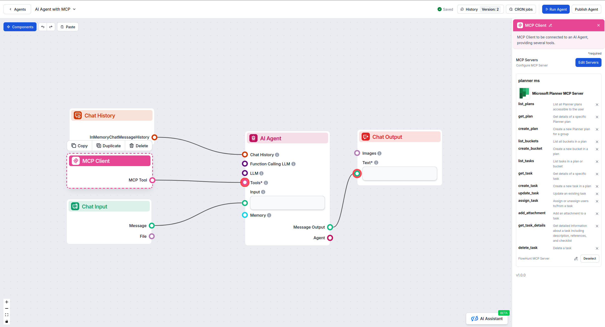 FlowHunt visual flow builder with MCP component