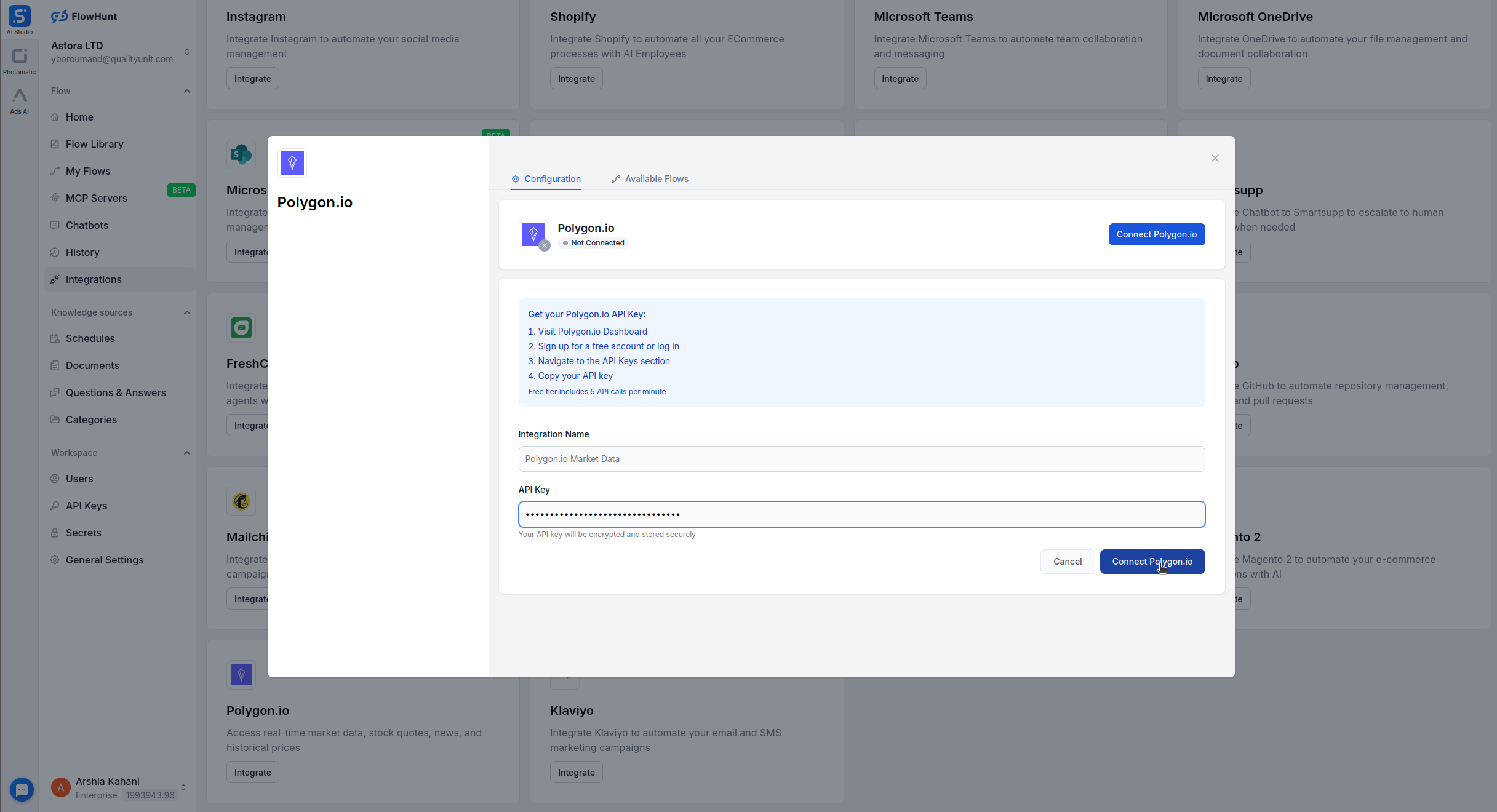 Formulário de configuração da integração Polygon.io