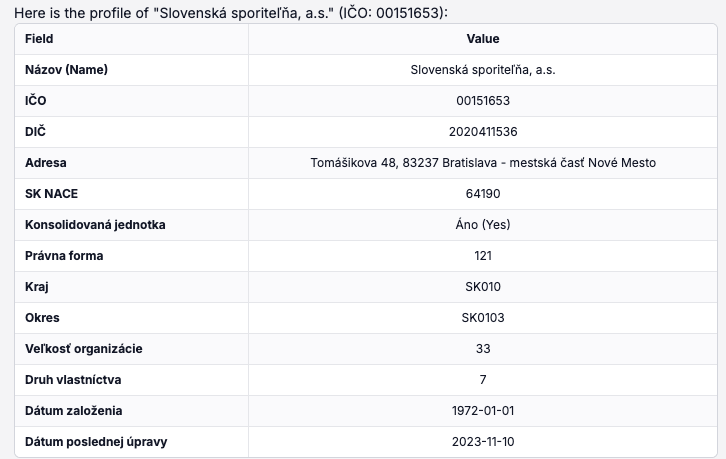 Príklad výstupu AI Agenta