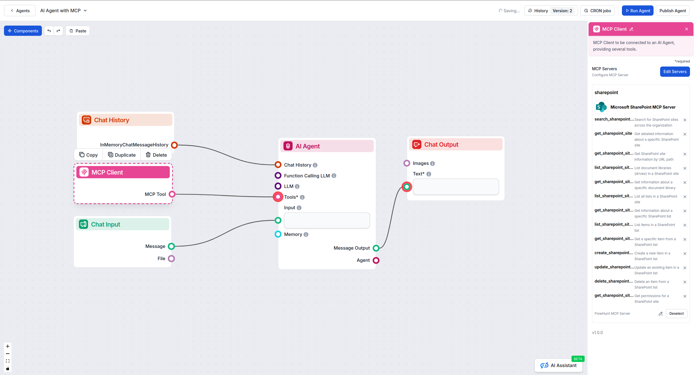 FlowHunt visual flow builder with MCP component
