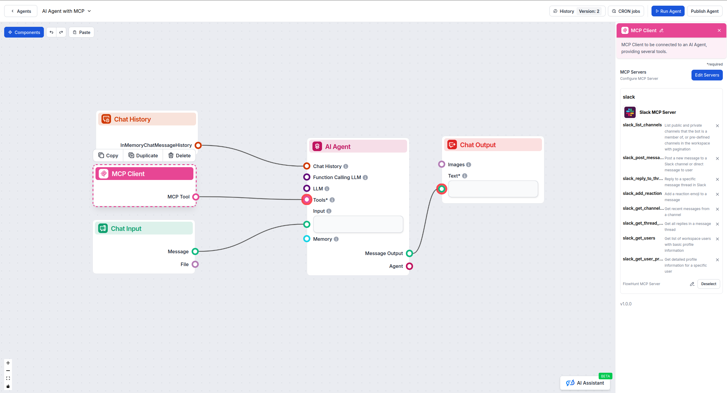 FlowHunt visual flow builder with MCP component